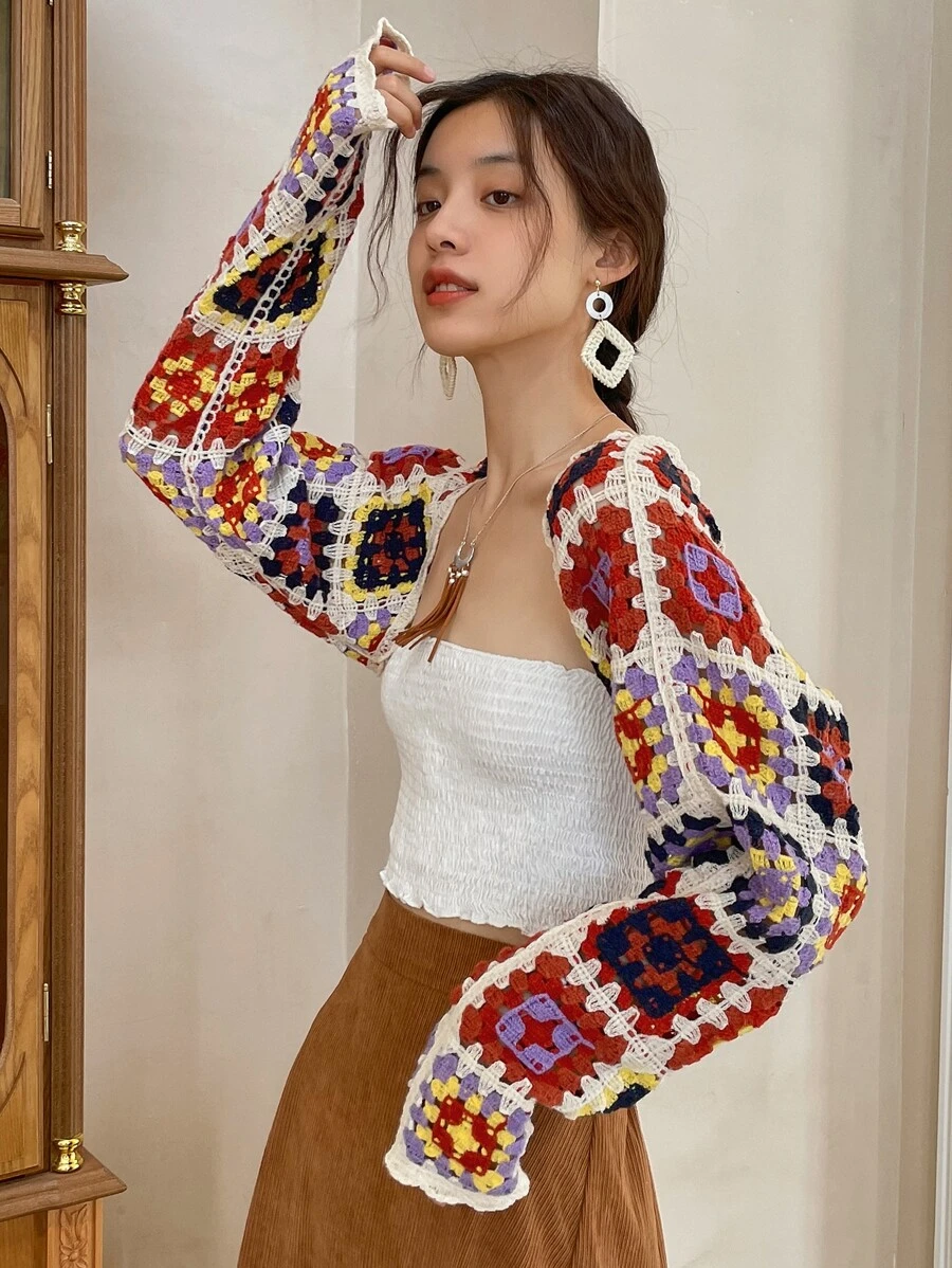 DAZY Geo Crochet Shrug Cardigan Boho - Multicolor - View 1