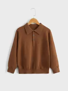 Boys Solid Polo Neck Jumper - Brown - View 1