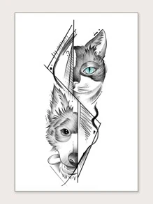 1 hoja Pegatina tatuaje gato & perro con estampado de cabeza - Negro - Ver 2
