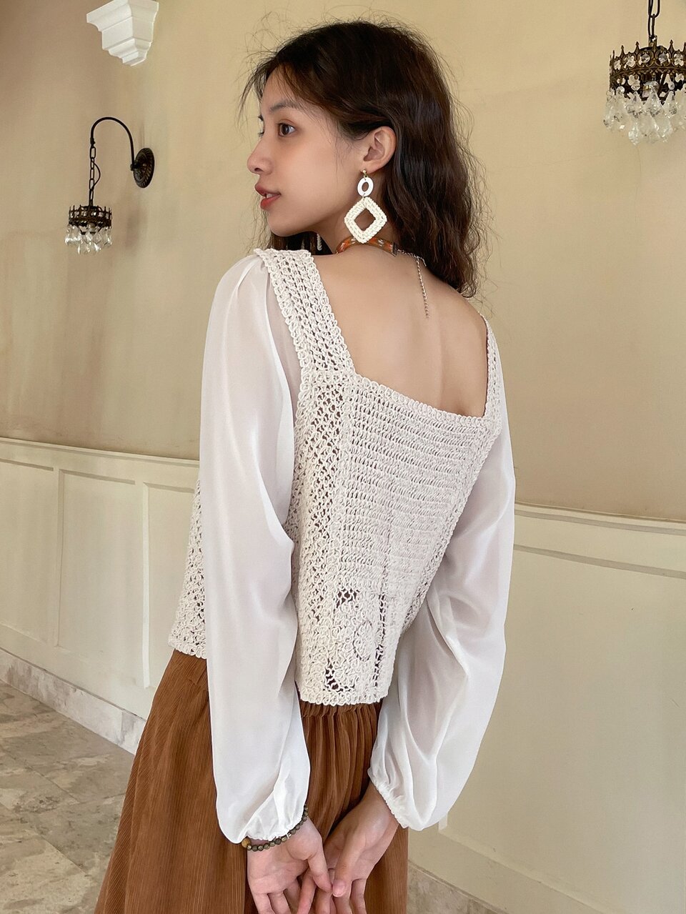 Floral Embroidery Square Neck Bishop Sleeve Top