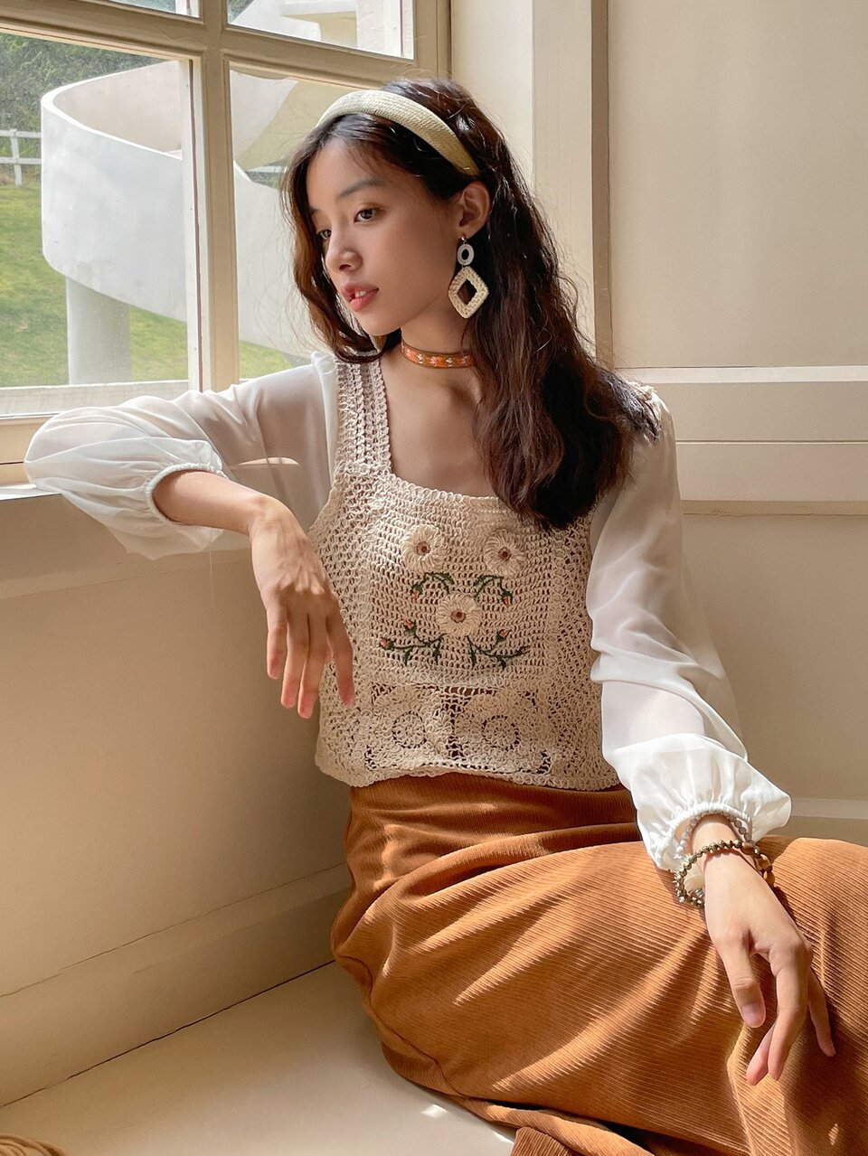 Floral Embroidery Square Neck Bishop Sleeve Top