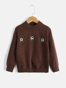 Toddler Girls Floral Embroidery Mock Neck Jumper - Chocolate Brown - View 1