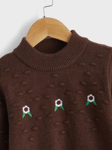 Toddler Girls Floral Embroidery Mock Neck Jumper - Chocolate Brown - View 3