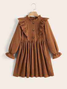 SHEIN Girls Ruffle Trim Flounce Sleeve Corduroy Dress - Brown - View 1