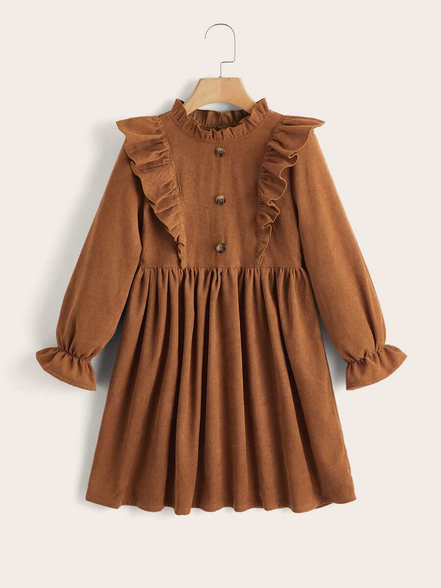 SHEIN Girls Ruffle Trim Flounce Sleeve Corduroy Dress - Brown - View 1