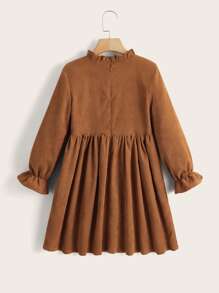 SHEIN Girls Ruffle Trim Flounce Sleeve Corduroy Dress - Brown - View 2