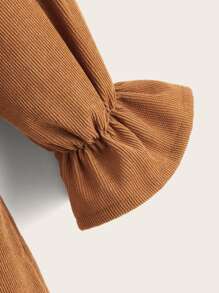 SHEIN Girls Ruffle Trim Flounce Sleeve Corduroy Dress - Brown - View 3