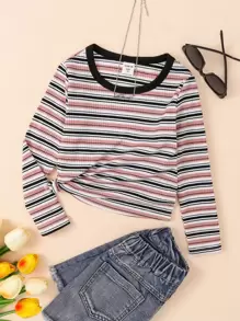 SHEIN Niñas Camiseta unida en contraste de rayas - Multicolor - Ver 1