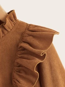SHEIN Girls Ruffle Trim Flounce Sleeve Corduroy Dress - Brown - View 4
