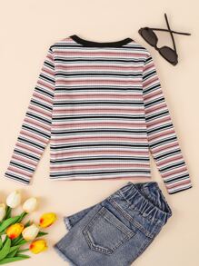 SHEIN Niñas Camiseta unida en contraste de rayas - Multicolor - Ver 2