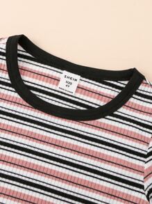 SHEIN Niñas Camiseta unida en contraste de rayas - Multicolor - Ver 5