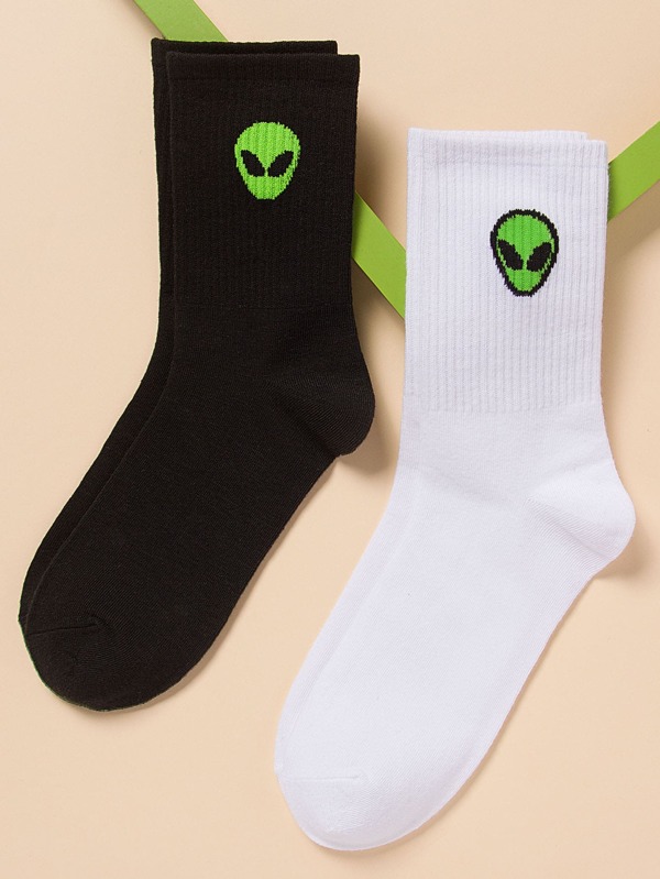 2pairs Men Alien Pattern Crew Socks