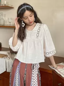 DAZY Lace Insert Lantern Sleeve Blouse - Beige - View 1