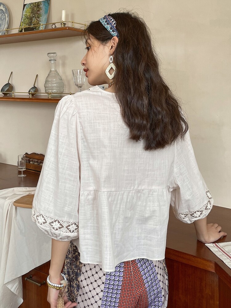 DAZY Lace Insert Lantern Sleeve Blouse - Beige - View 2