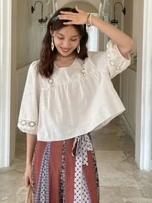 DAZY Lace Insert Lantern Sleeve Blouse - Beige - View 3