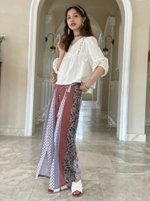 DAZY Lace Insert Lantern Sleeve Blouse - Beige - View 4