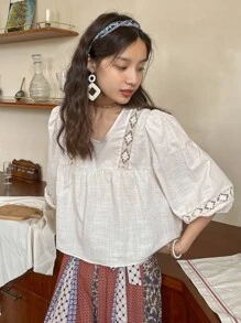 DAZY Lace Insert Lantern Sleeve Blouse - Beige - View 6