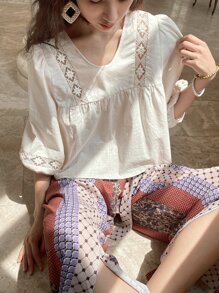 DAZY Lace Insert Lantern Sleeve Blouse - Beige - View 8