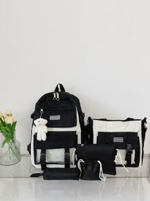 5 件字母贴片装饰功能性背包套装，带包饰书包套装，适合毕业生、少女、大一、大二、大三和大四学生，适合大学和高中，非常适合户外、旅行和返校，学生书包套装带铅笔盒，时尚女士书包带小袋 - 黑與白 - 查看 1