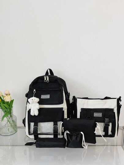 5pcs Letter Patch Decor Functional Backpack Set With Bag Charm School Bag Set For Graduate, Teen Girls, Freshman, Sophomore, Junior & Senior In College, University & High School, Perfect For Outdoors ,Travel & Back To School, Student Bag Sets With Pencil Case, School Bag With Pouch For Women, School Supplies, School Backpack, School Bag Set, Backpack For School, Back To School Backpack, School Bookbag, Big Backpack, Backpack School, Back To School Bags, Large Capacity, Lightweight, Portable, Suitable For Teen Girls Women College Students, Perfect For Back To School, First Day Of School, Middle School, High School