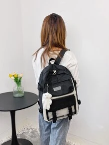 5 件字母贴片装饰功能性背包套装，带包饰书包套装，适合毕业生、少女、大一、大二、大三和大四学生，适合大学和高中，非常适合户外、旅行和返校，学生书包套装带铅笔盒，时尚女士书包带小袋 - 黑與白 - 查看 6