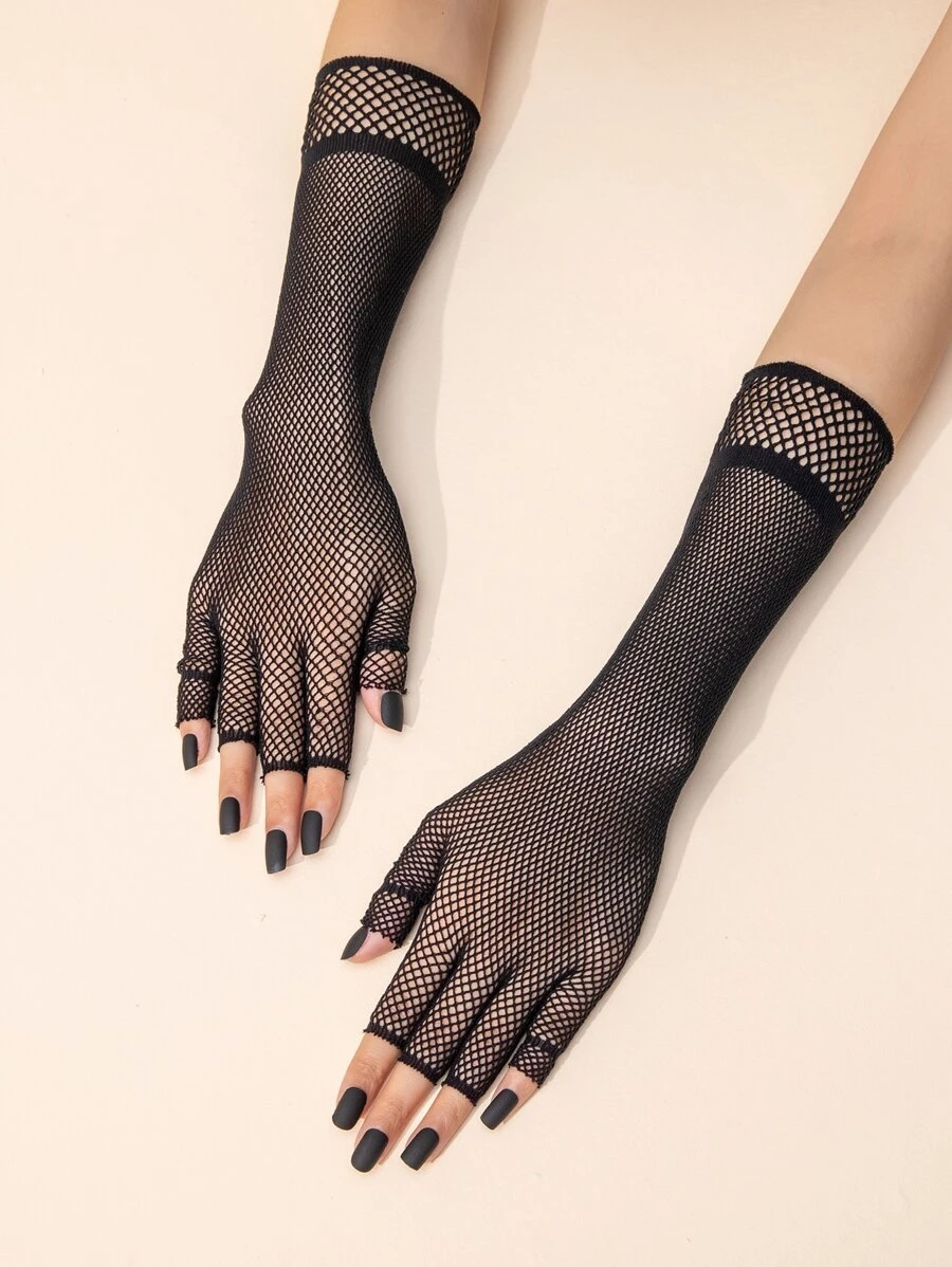 1pair Half Finger Mesh Gloves - Black - View 1