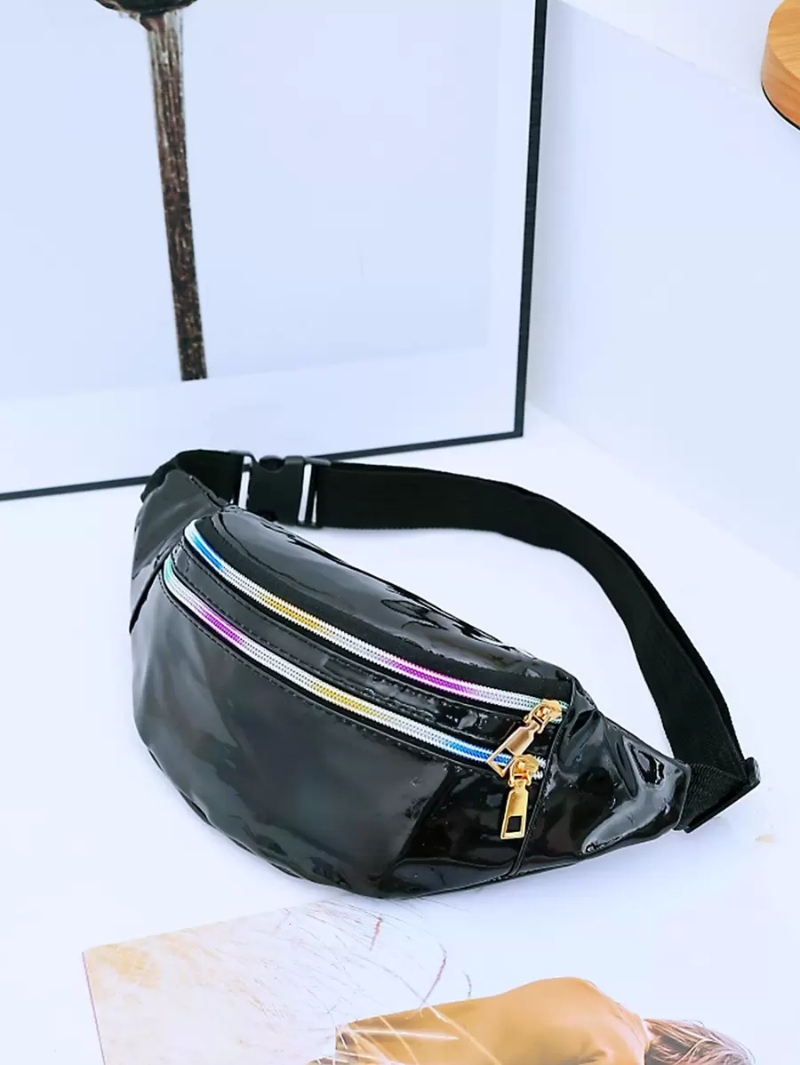Artificial Patent Leather Waist Bag - Black - View 1