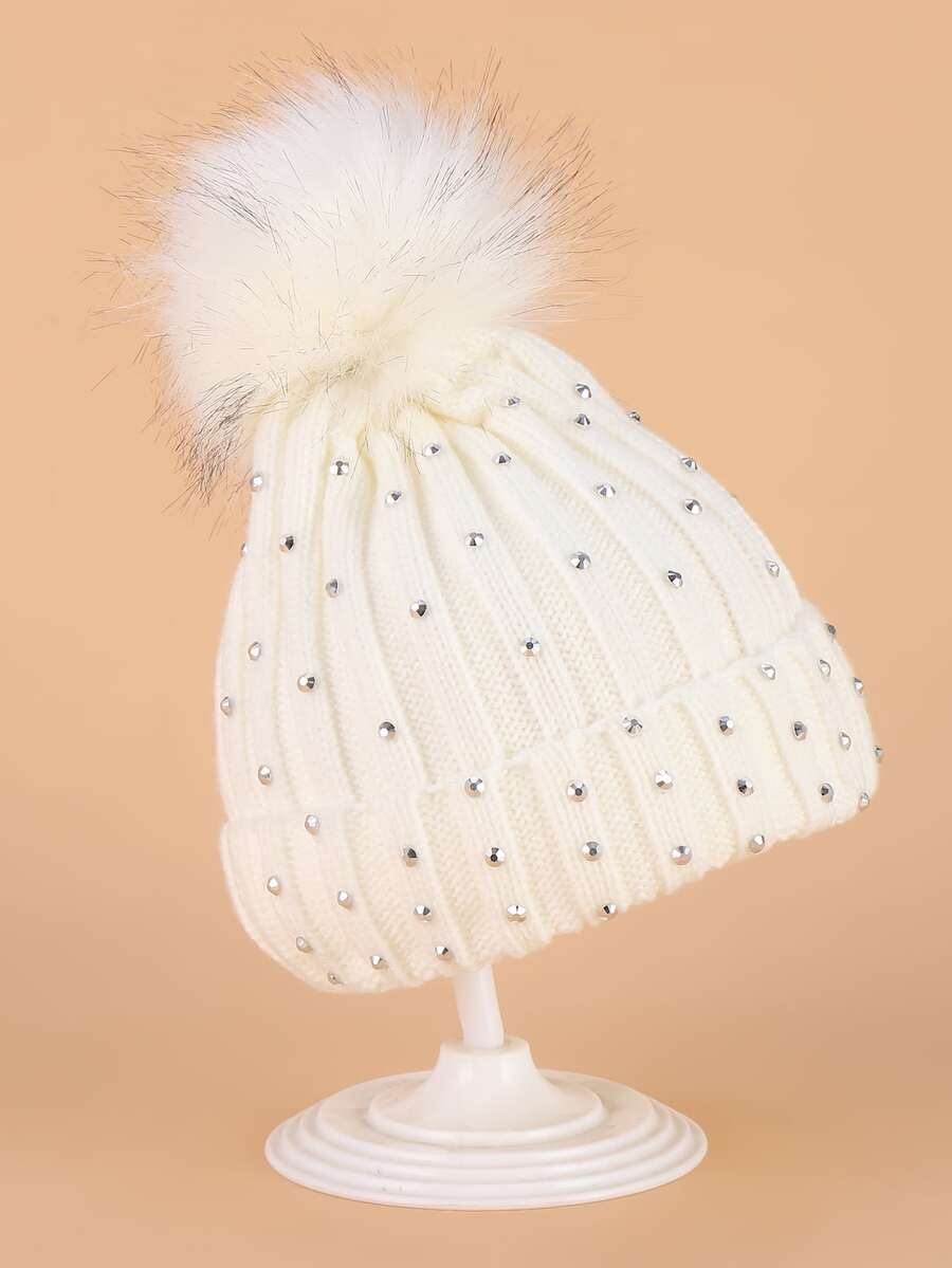 Sombrero con pompón & con diseño de diamante de imitación - Blanco - Ver 1