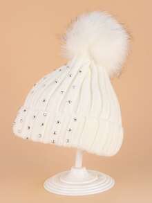 Sombrero con pompón & con diseño de diamante de imitación - Blanco - Ver 2