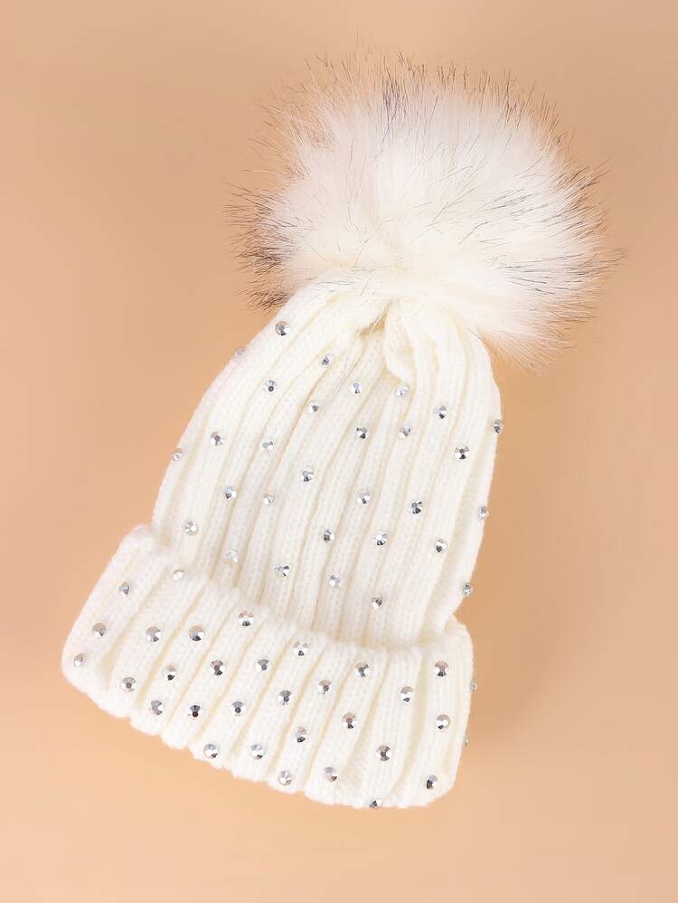 Pom Pom & Rhinestone Decor Hat - White - View 3