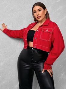 SHEIN Essnce 大碼頂針落肩袖牛仔夾克 - 紅色 - 查看 5