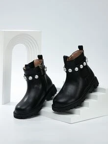 Girls Faux Pearl Decor Zipper Side Chelsea Boots - Black - View 3