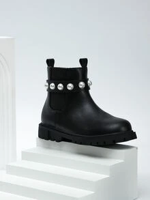 Girls Faux Pearl Decor Zipper Side Chelsea Boots - Black - View 4