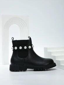 Girls Faux Pearl Decor Zipper Side Chelsea Boots - Black - View 5