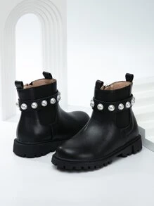 Girls Faux Pearl Decor Zipper Side Chelsea Boots - Black - View 6