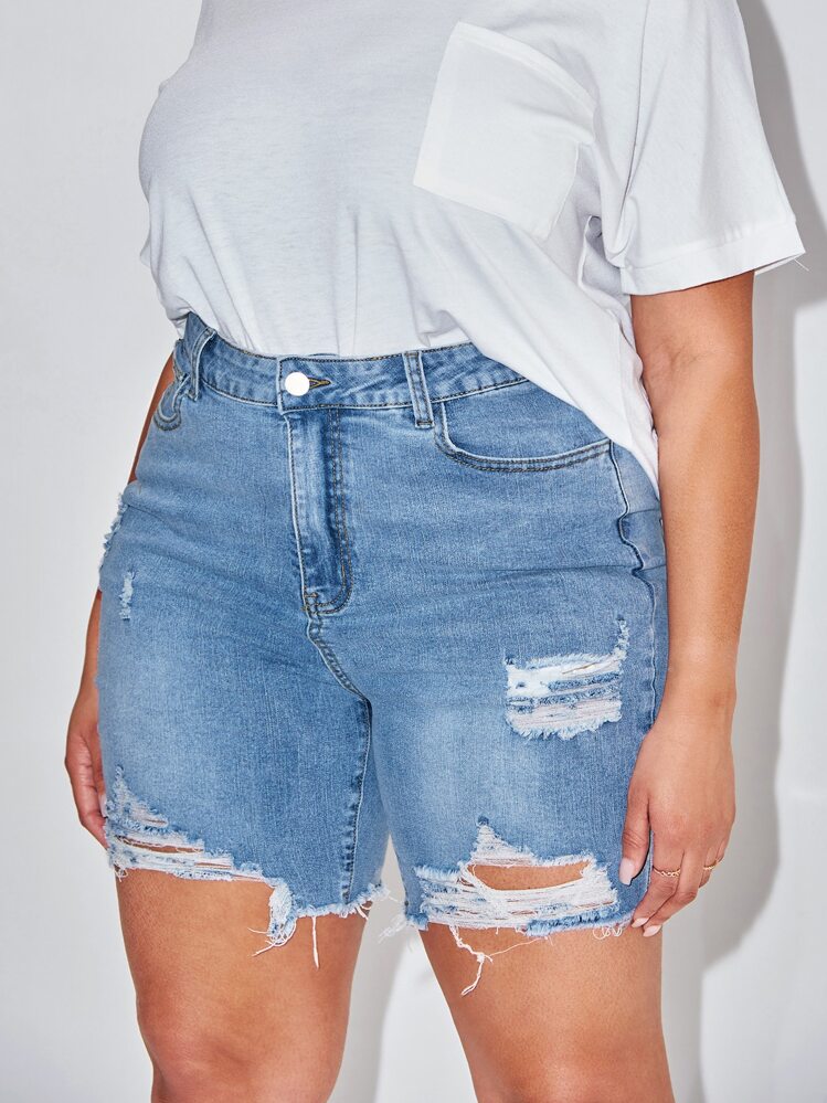 SHEIN SXY Plus Ripped Raw Hem Denim Shorts - Light Wash - View 1