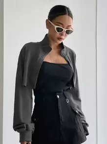 DAZY Drop Shoulder Zip Up Crop Sweatshirt - Dark Grey - View 1