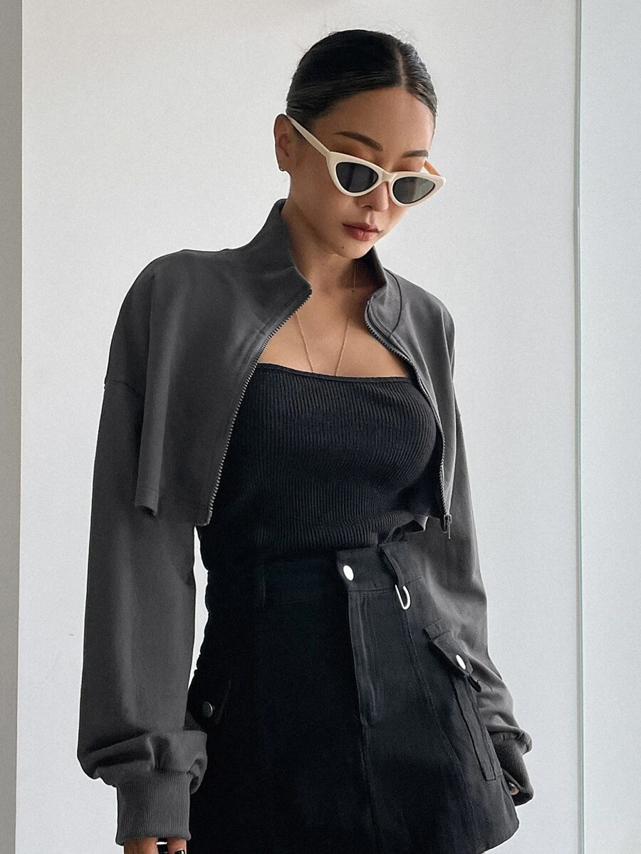 DAZY Drop Shoulder Zip Up Crop Sweatshirt - Dark Grey - View 1