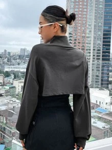 DAZY Drop Shoulder Zip Up Crop Sweatshirt - Dark Grey - View 2