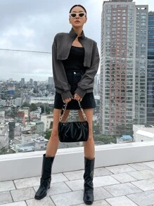 DAZY Drop Shoulder Zip Up Crop Sweatshirt - Dark Grey - View 4