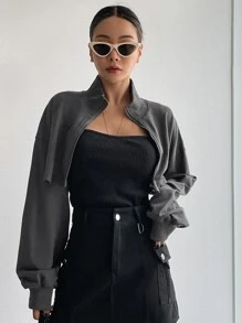 DAZY Drop Shoulder Zip Up Crop Sweatshirt - Dark Grey - View 6