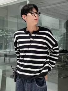 DAZY Hombres Jersey de rayas botón cuarto de hombros caídos - Blanco y Negro - Ver 4