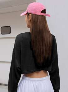 DAZY Solid Drop Shoulder Crop Tee,Fall Clothes Long Sleeve Women Tops - Black - View 2