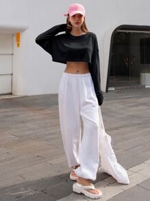 DAZY Solid Drop Shoulder Crop Tee,Fall Clothes Long Sleeve Women Tops - Black - View 3