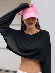 DAZY Solid Drop Shoulder Crop Tee,Fall Clothes Long Sleeve Women Tops - Black - View 4