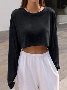 DAZY Solid Drop Shoulder Crop Tee,Fall Clothes Long Sleeve Women Tops - Black - View 5