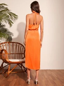 SHEIN Privé Keyhole Neckline Tie Backless Top & Wrap Skirt - Orange - View 2