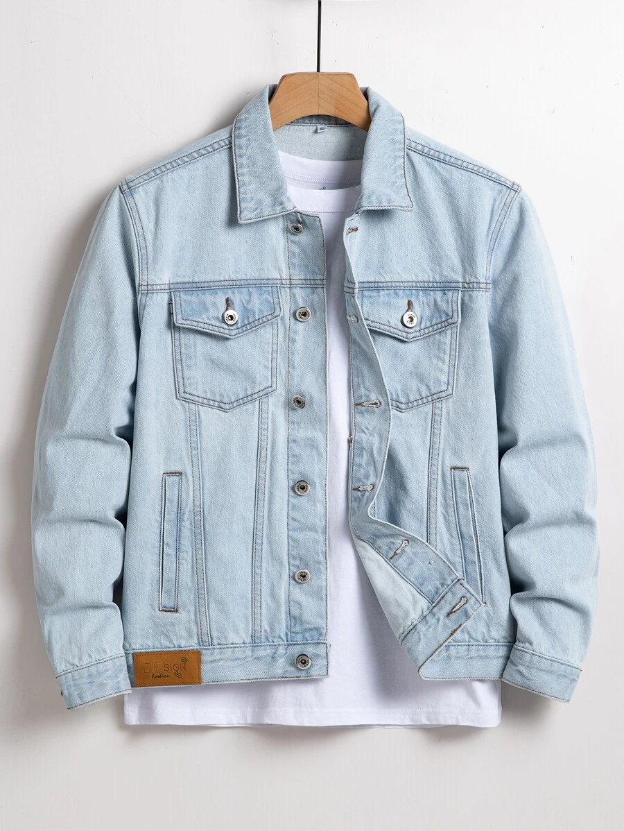 Manfinity Men Letter Patched Flap Pocket Denim Jacket Without Tee - Light Wash - View 1