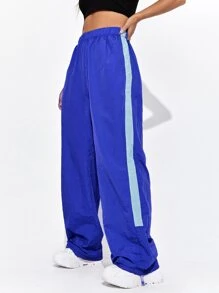 SHEIN Coolane Drawstring Hem Contrast Sideseam Trousers - Royal Blue - View 1
