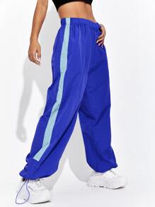 SHEIN Coolane Drawstring Hem Contrast Sideseam Trousers - Royal Blue - View 4